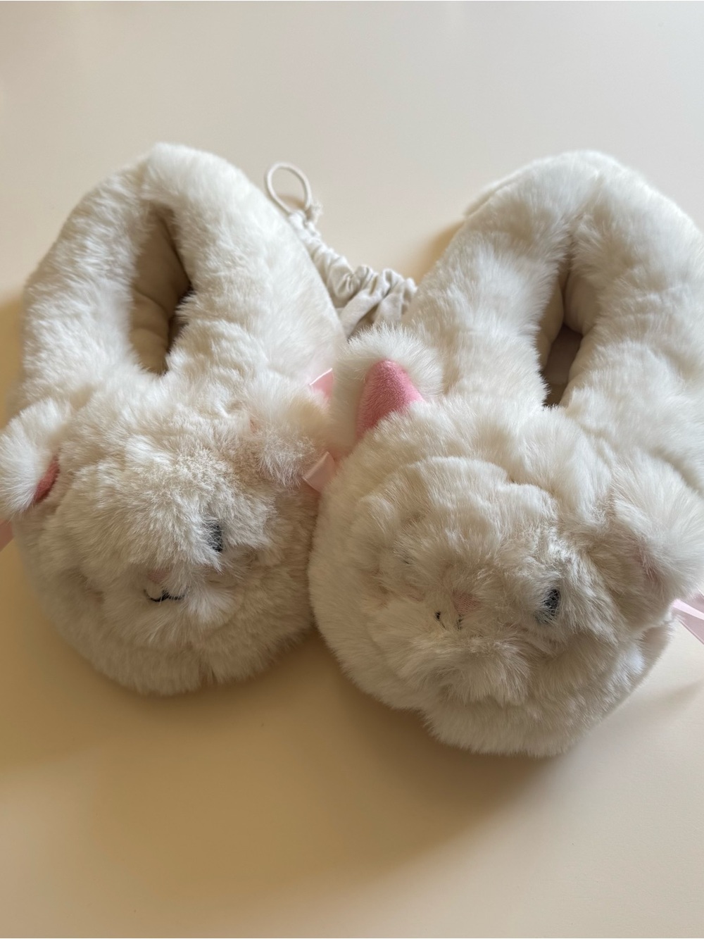 SKIMS Cream  Slippers with Pink Ear Accents